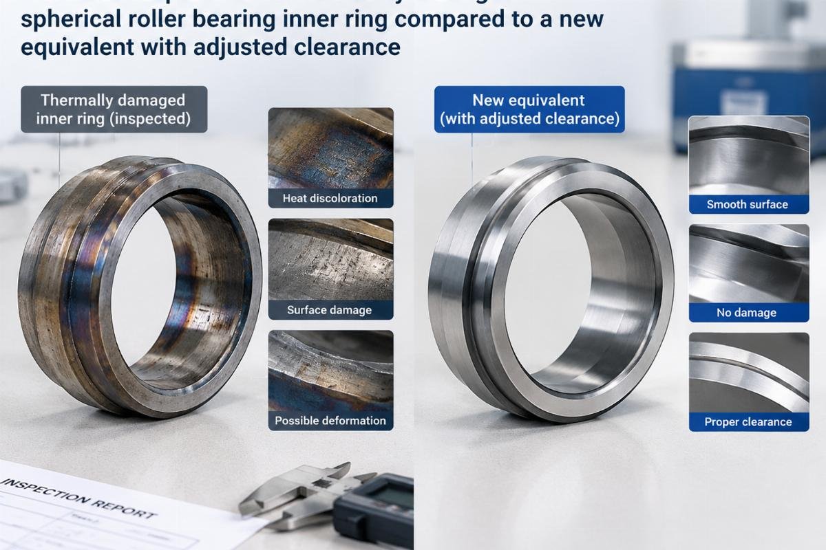 Technical inspection of a thermally damaged spherical roller bearing inner ring compared to a new equivalent with adjusted clearance