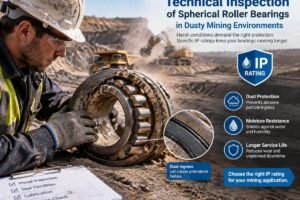 Technical inspection of spherical roller bearings in a dusty mining environment highlighting the need for specific IP ratings
