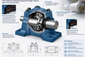 Technical view of a heavy-duty split plummer block with reinforced sealing lips designed for high-moisture paper mill environments