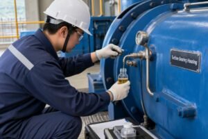 Technician collecting oil sample from hydropower turbine bearing housing for moisture analysis