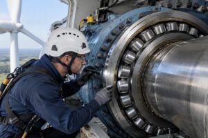 Technician inspecting a large wind turbine main shaft bearing during maintenance