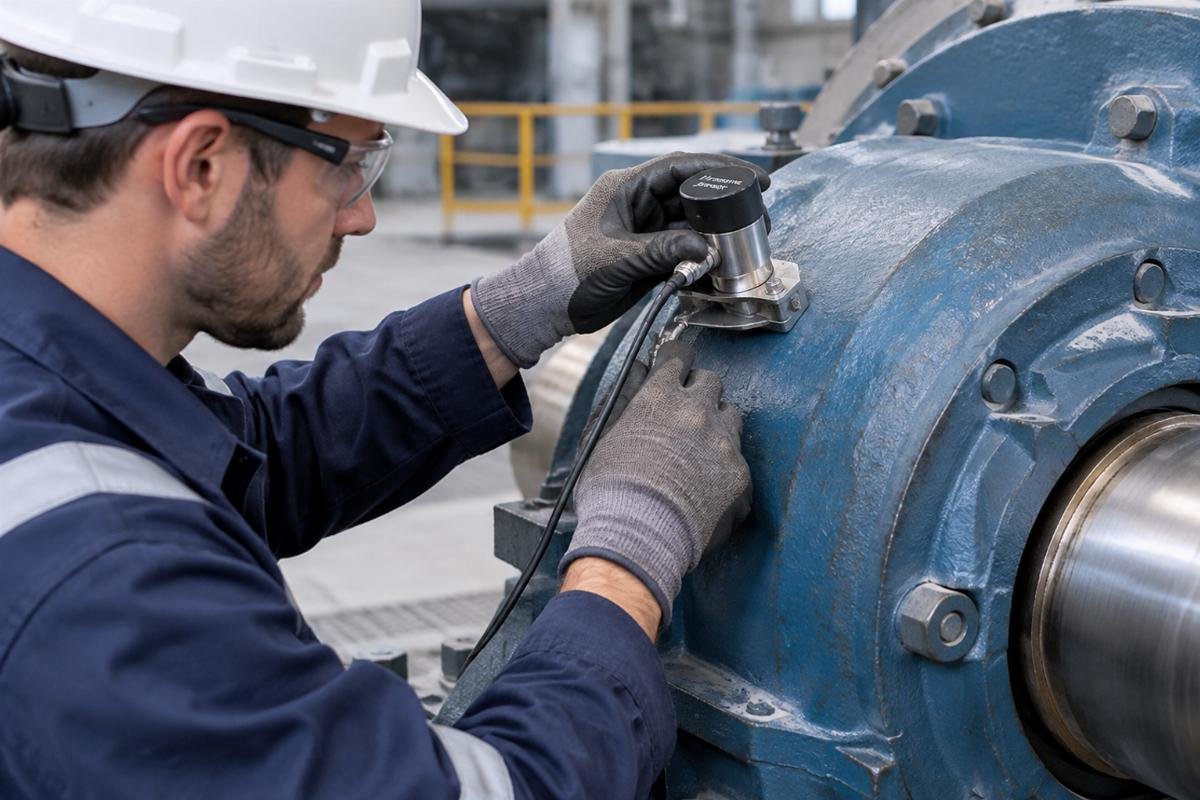 Technician installing an ultrasonic sensor on a mill bearing housing