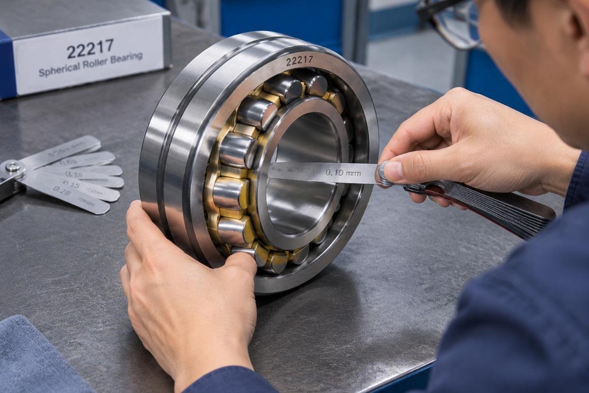 Technician measuring internal clearance of a 22217 spherical roller bearing with feeler gauges