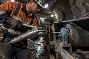 Technician relubricating a conveyor idler bearing in an underground mine tunnel using a manual grease gun