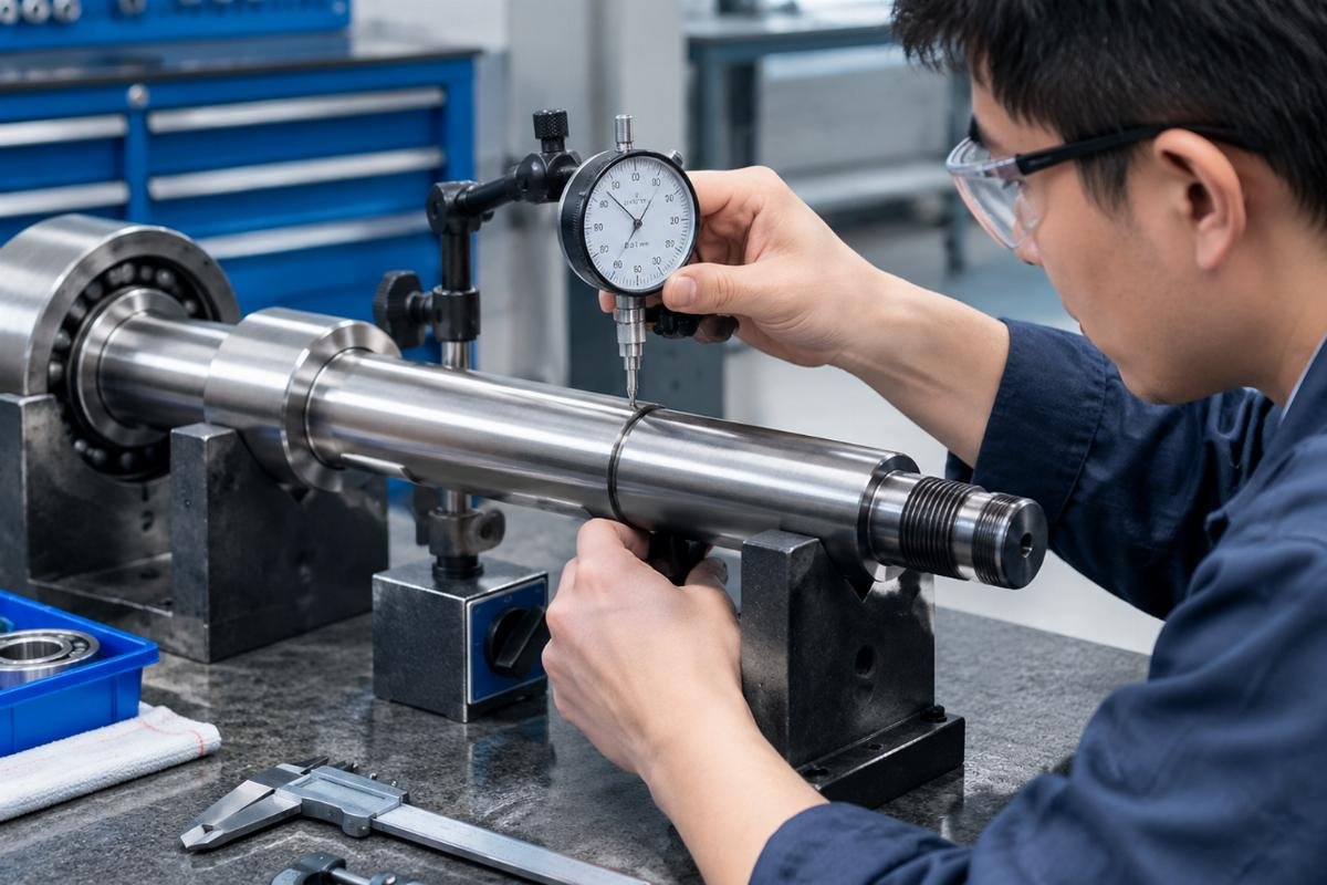 Technician using a dial indicator to measure shaft runout and diameter before bearing installation