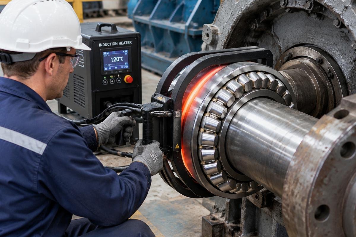 Technician using an induction heater to mount a large spherical roller bearing onto a crusher shaft