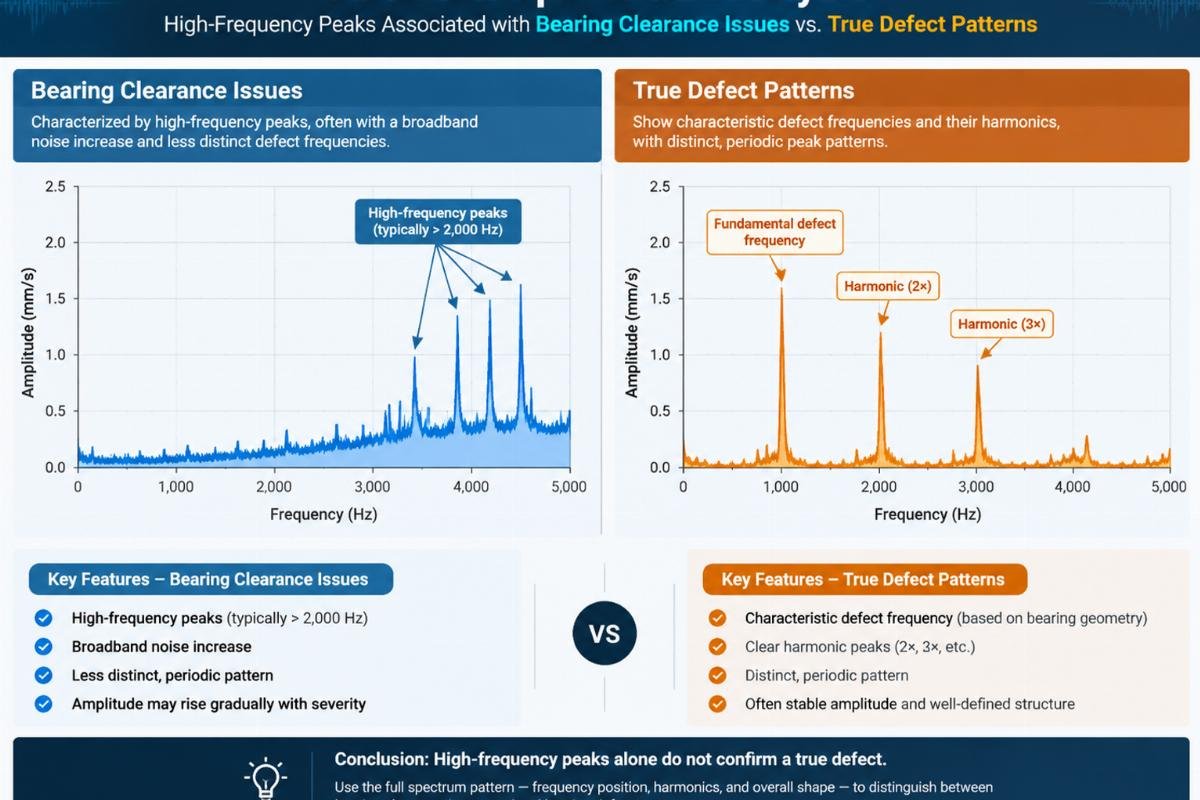 Vibration spectrum analysis chart showing high-frequency peaks associated with bearing clearance issues versus true defect patterns