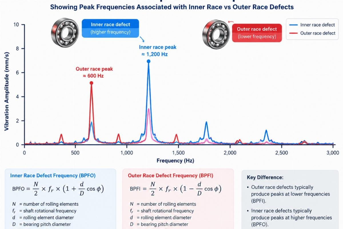 Vibration spectrum graph showing peak frequencies associated with inner race vs outer race defects