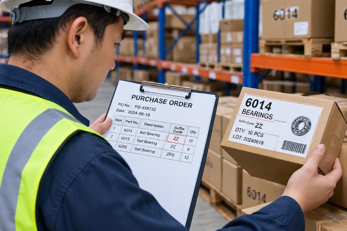 Warehouse inspector verifying the suffix code on a box of 6014 bearings against a purchase order