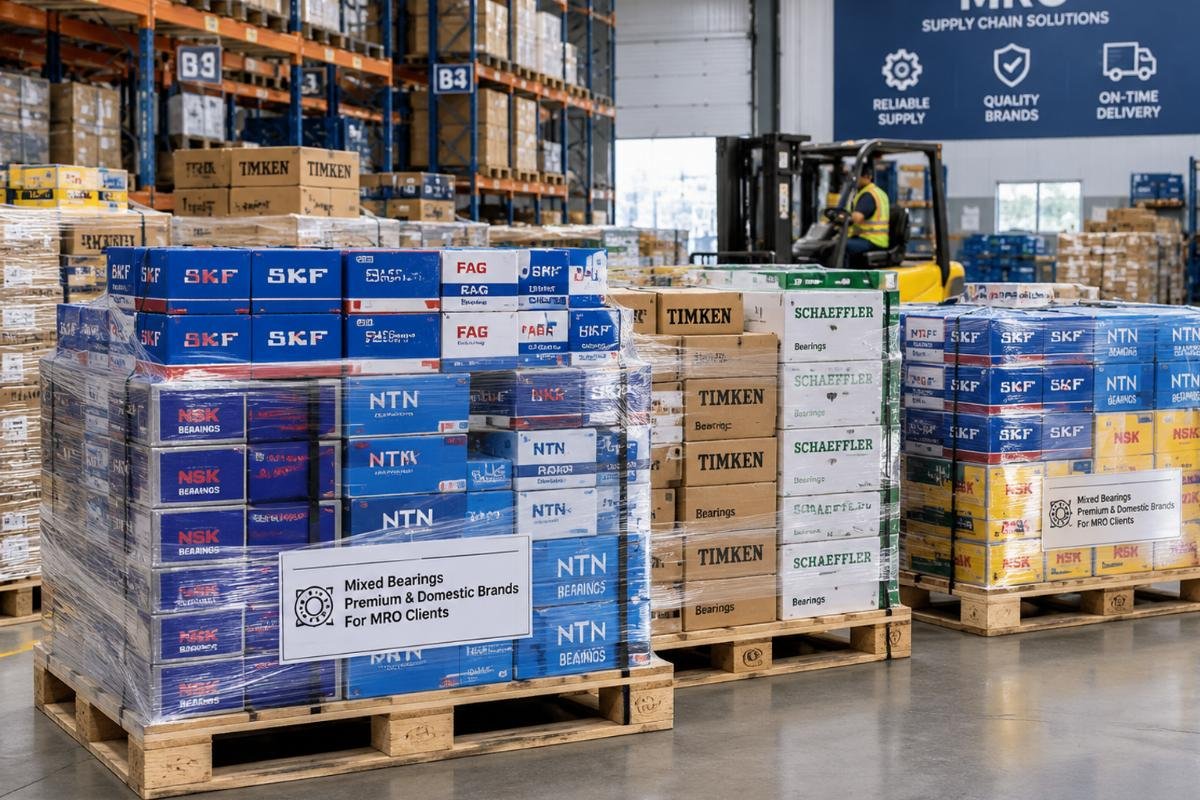 Warehouse inventory showing mixed pallets of premium and domestic brand bearings organized for consolidated shipping to MRO clients