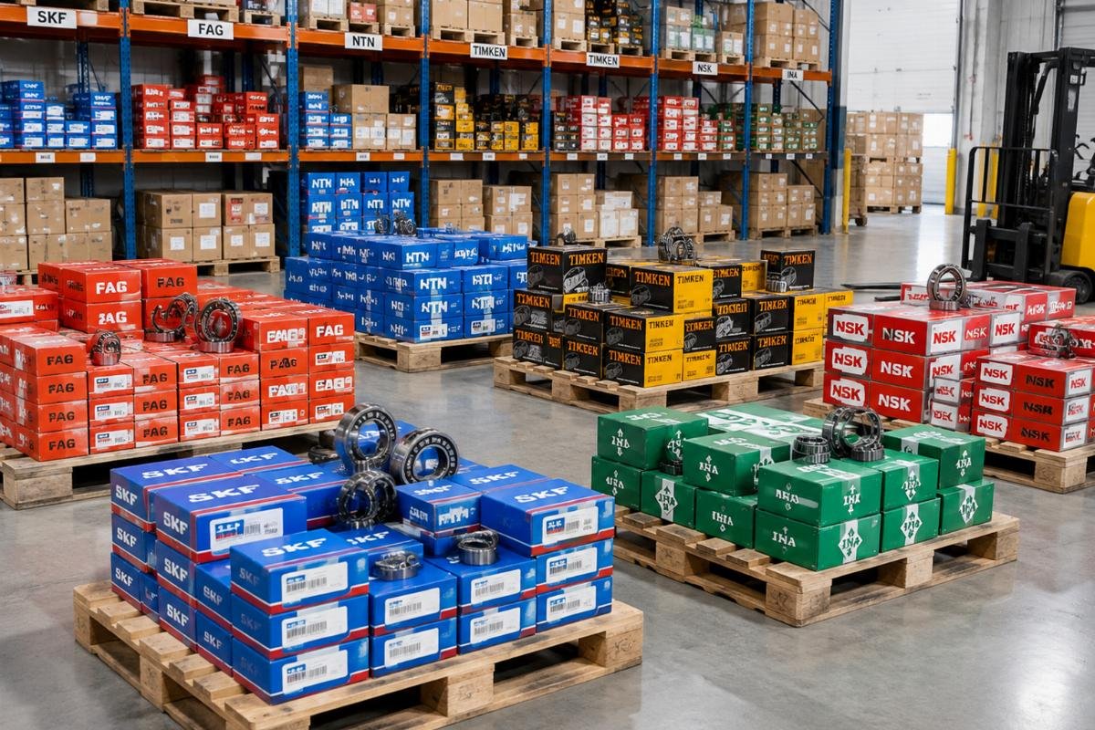 Warehouse scene showing organized inventory of multi-brand bearings ready for consolidation