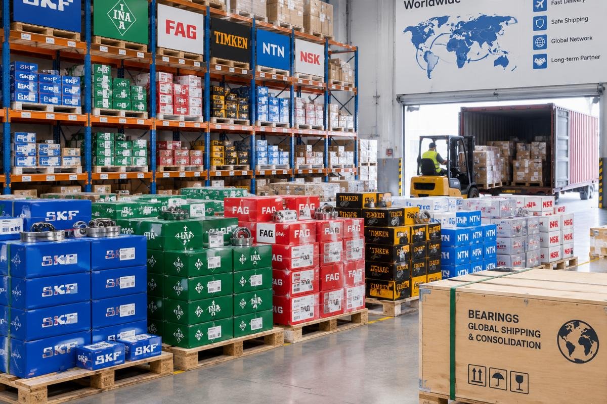 Warehouse scene showing organized inventory of various bearing brands ready for global shipping and consolidation