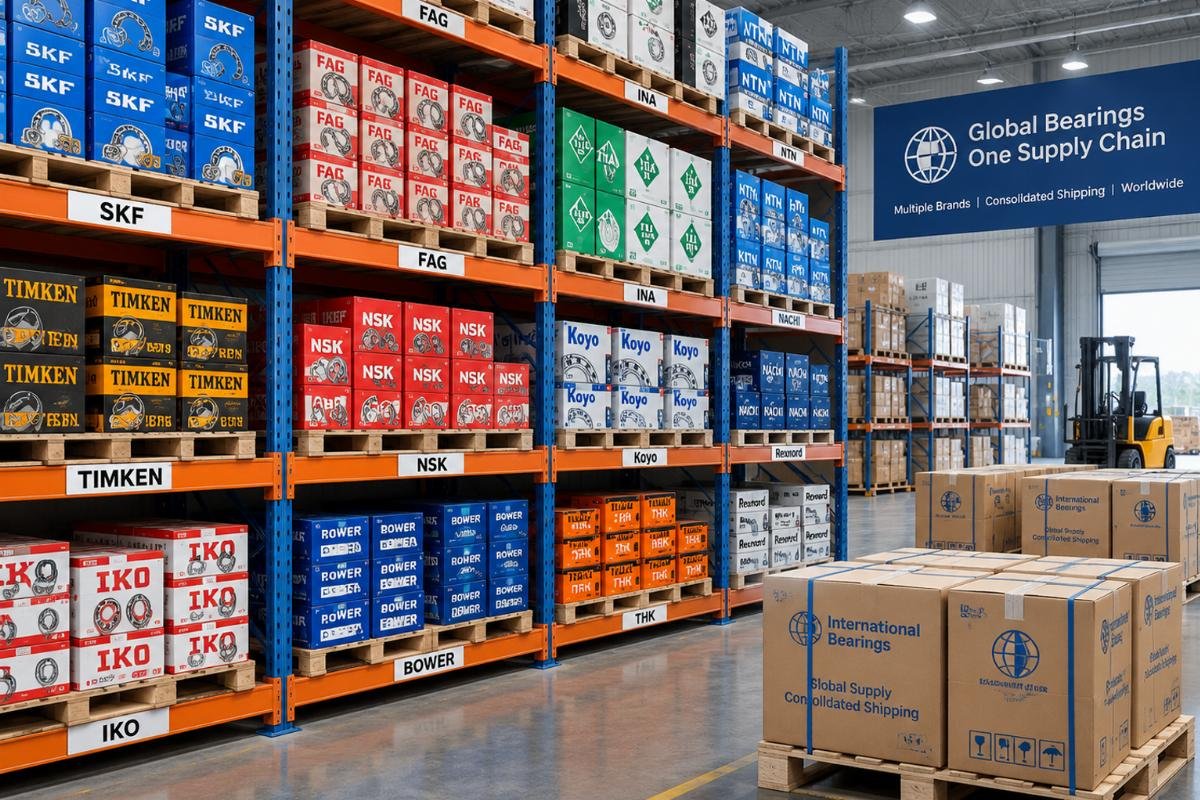 Warehouse scene showing organized shelves of various international bearing brands ready for consolidated shipping