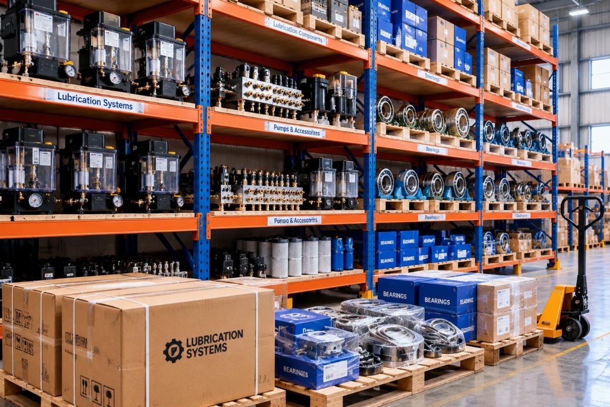 Warehouse scene showing organized shelves of various lubrication system components and bearings ready for shipment