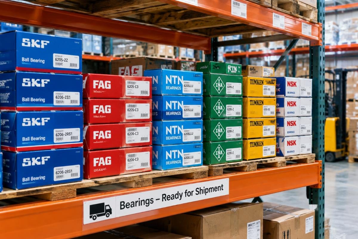 Warehouse shelf displaying mixed-brand bearing boxes ready for shipment