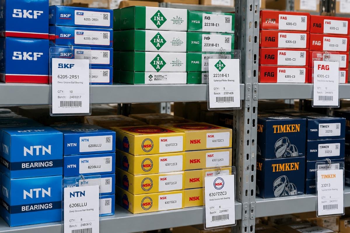 Warehouse shelf displaying organized boxes of various genuine bearing brands with visible documentation tags