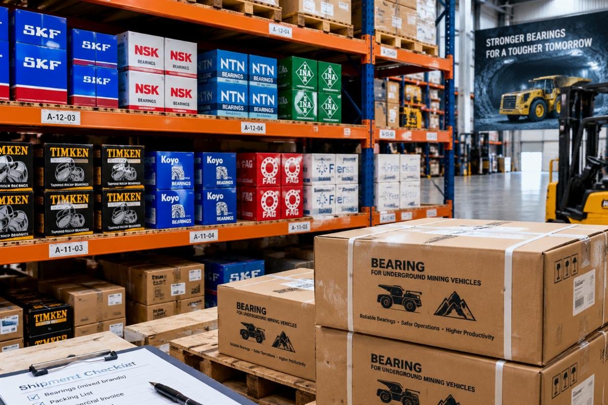 Warehouse shelf with mixed-brand bearing boxes ready for shipment to underground mining vehicle bearings clients