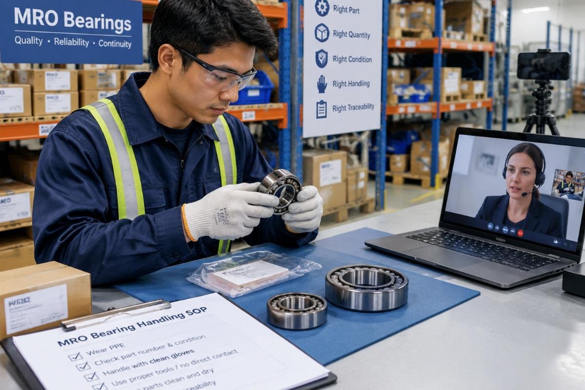 Warehouse staff following standardized handling SOPs during a remote video audit for MRO bearings