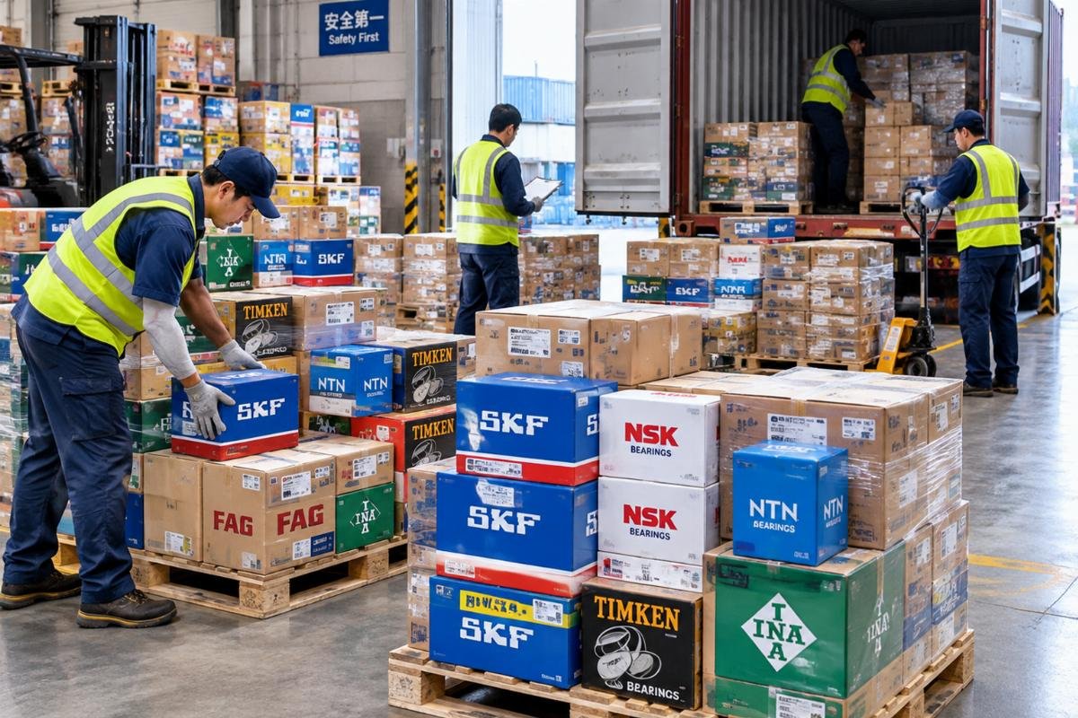 Warehouse workers organizing mixed pallets of bearing boxes from different brands for container loading