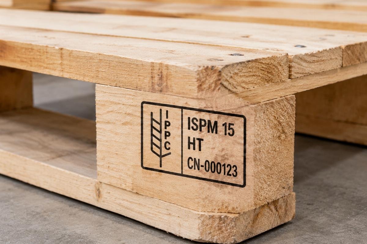 Wooden pallet with clear black IPPC ISPM 15 stamp showing HT treatment code