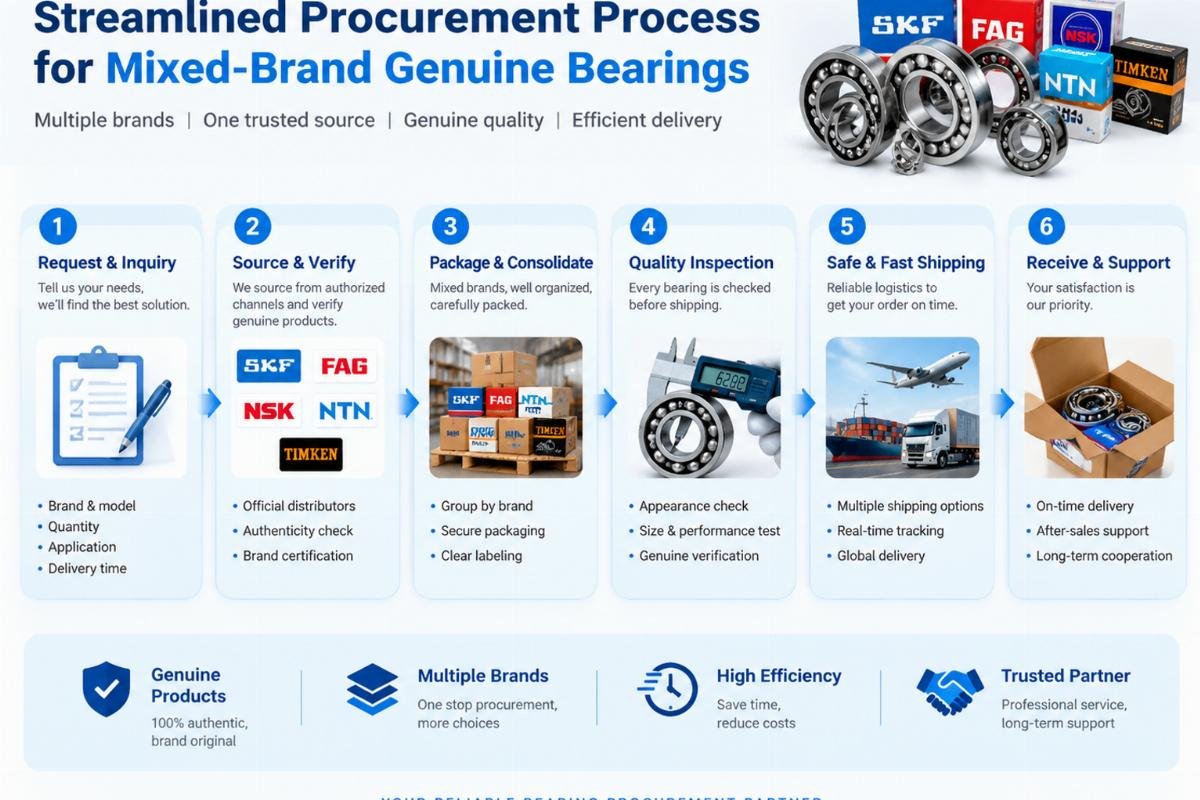 Workflow diagram showing streamlined procurement process for mixed-brand genuine bearings