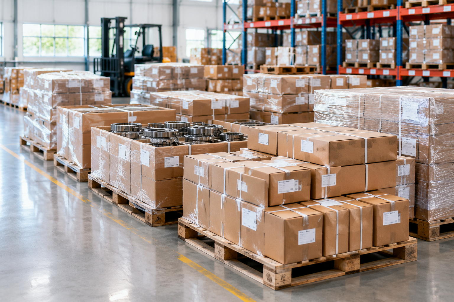 Warehouse staging area with consolidated bearing packages
