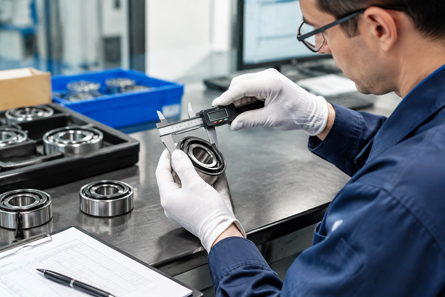 Inspector measuring bearing dimensions