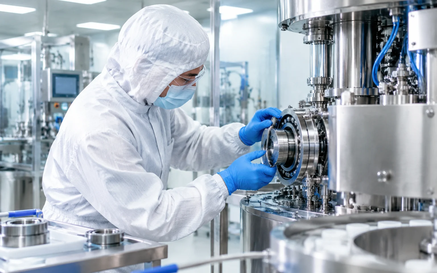 Pharmaceutical plant clean-room equipment with precision bearing installation