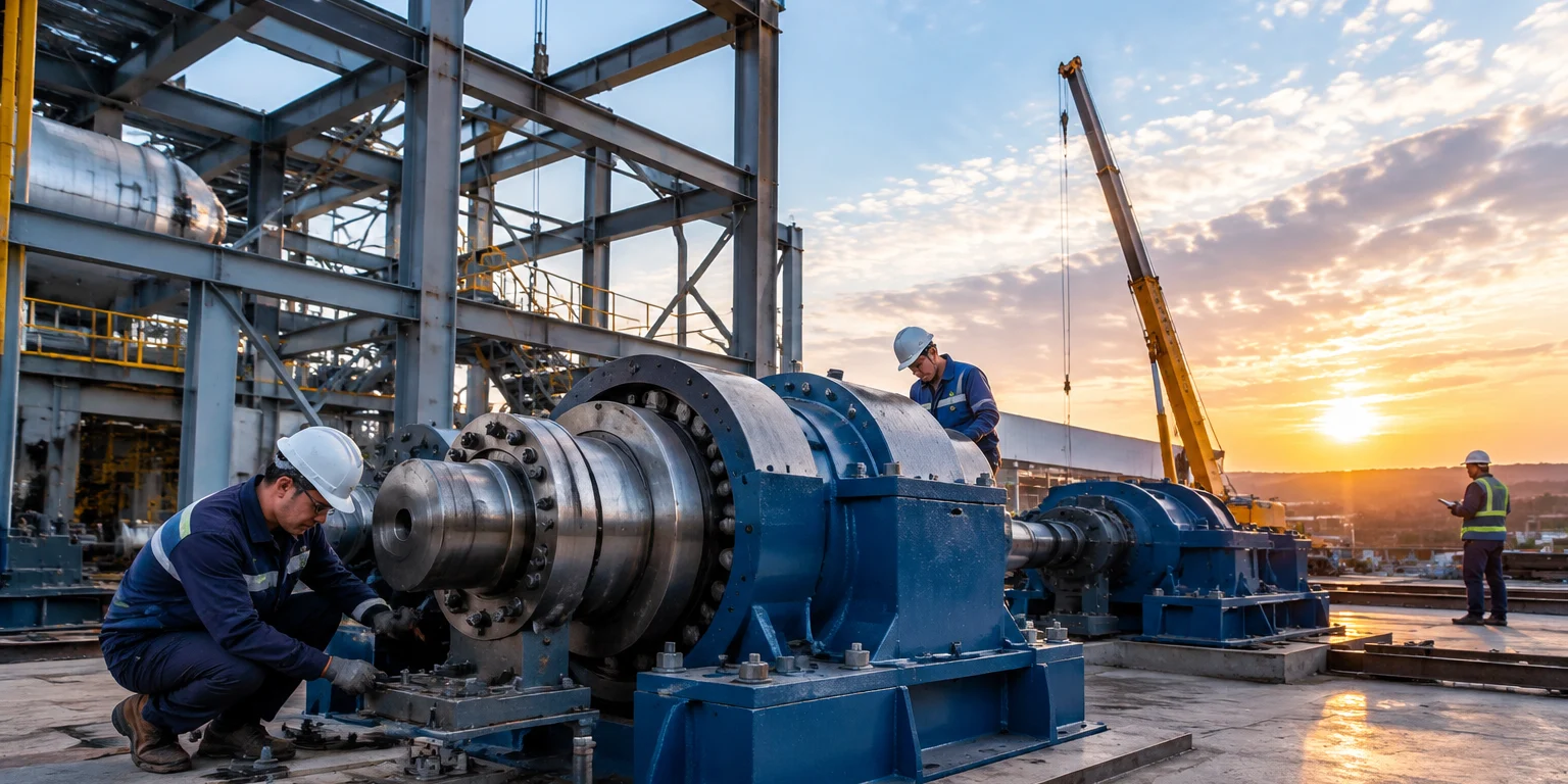 Engineering project site with industrial equipment and steel structures for bearing installation