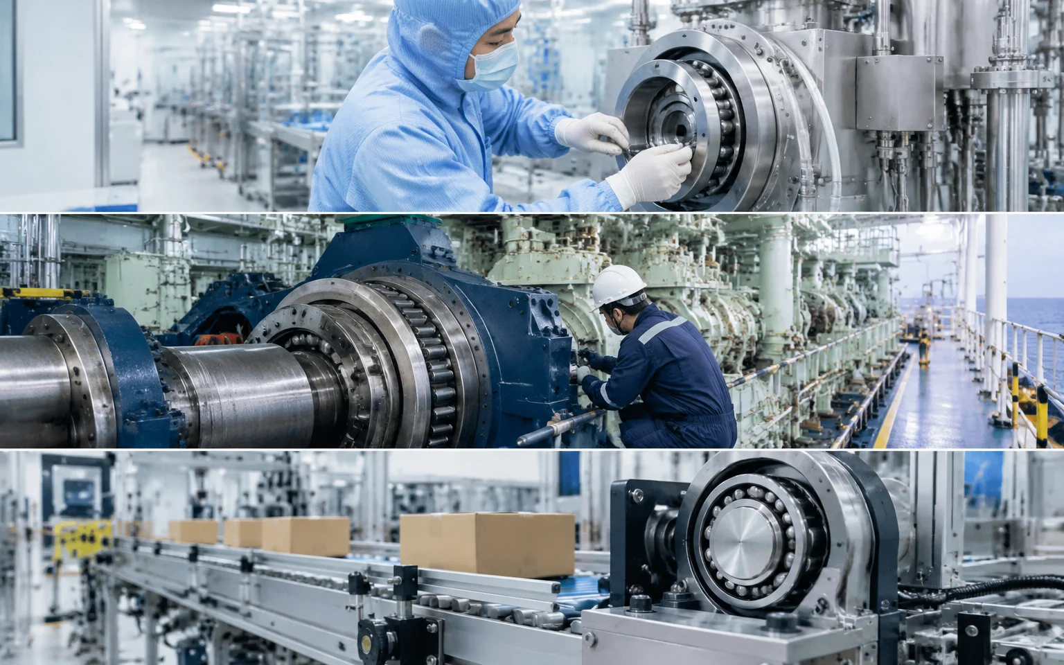 Offshore marine vessel machinery room with large industrial bearing assemblies